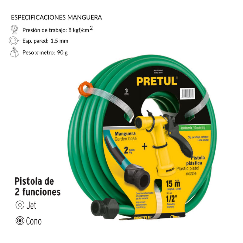 Combo de manguera MAN-15X1/2P y pistola PIM-4P, 15 m, Pretul