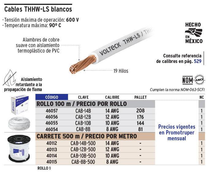 Cable THHW-LS, 10 AWG, color blanco rollo 100 m