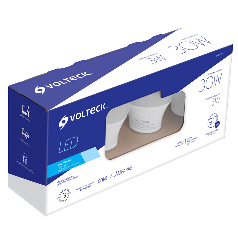 Lámpara de LED, A19, 18 W, luz de día, 4 piezas en caja